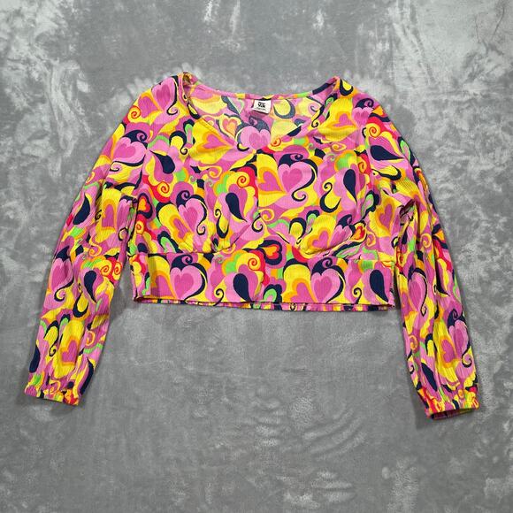 Lucy Yak Pink Hearts Psyc Crop Top 20 Pants XL 70s Groovy Retro Stretch Funky - Picture 2 of 15